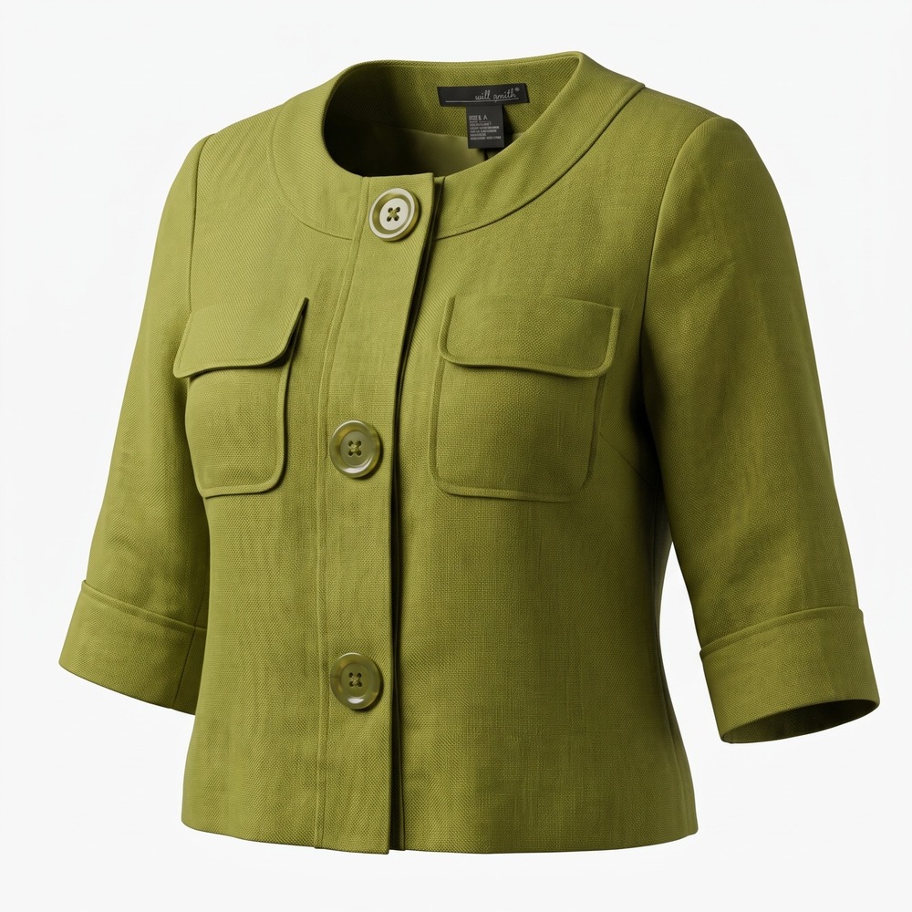 Willi Smith Green 100% Linen Cropped Jacket 3/4 Sleeve Button Front Size S